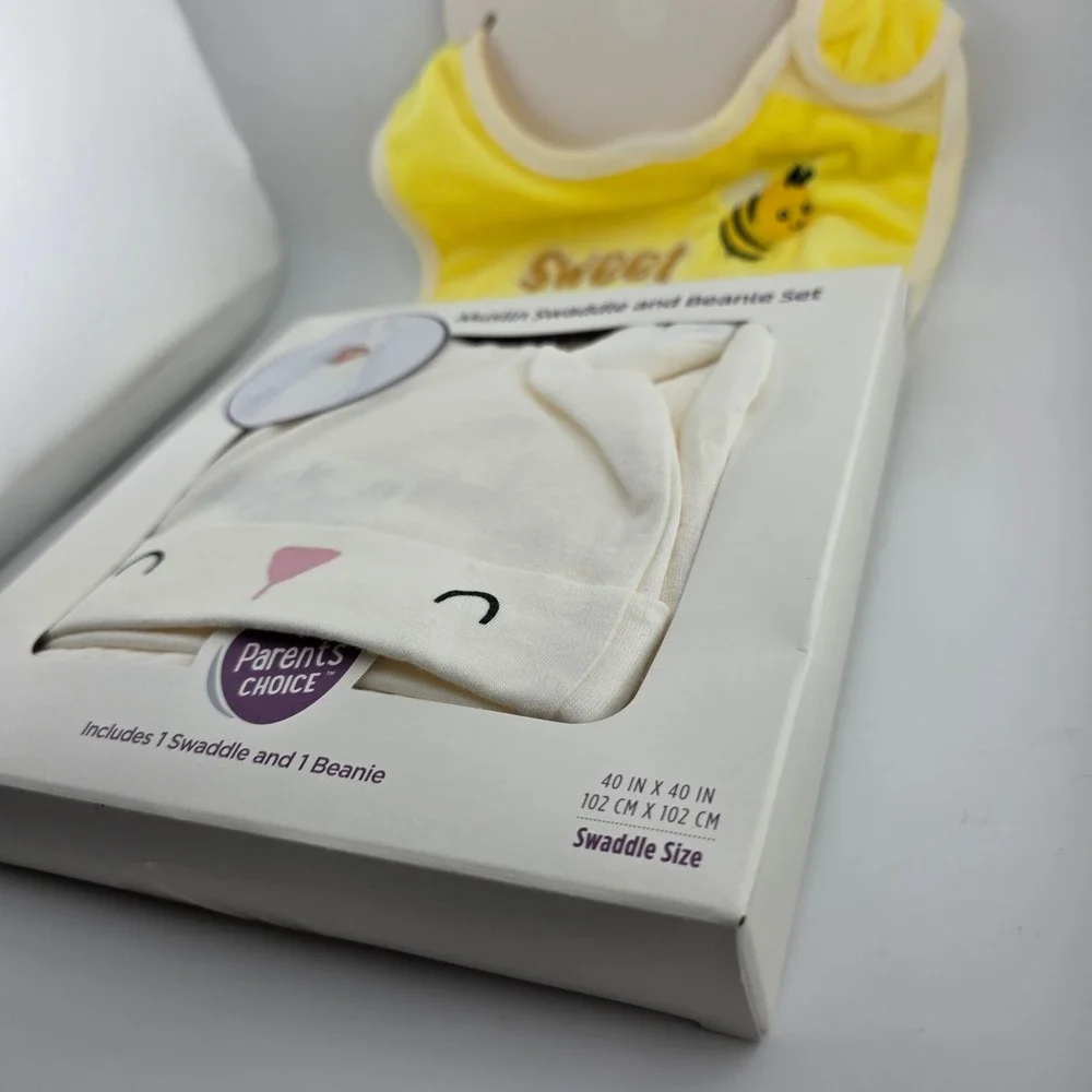 Parent's Choice Baby Swaddle and Beanie Set with Bib‎ 2-Piece Bunny New